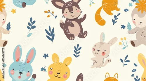 A seamless pattern with cute cartoon animals and foliage.