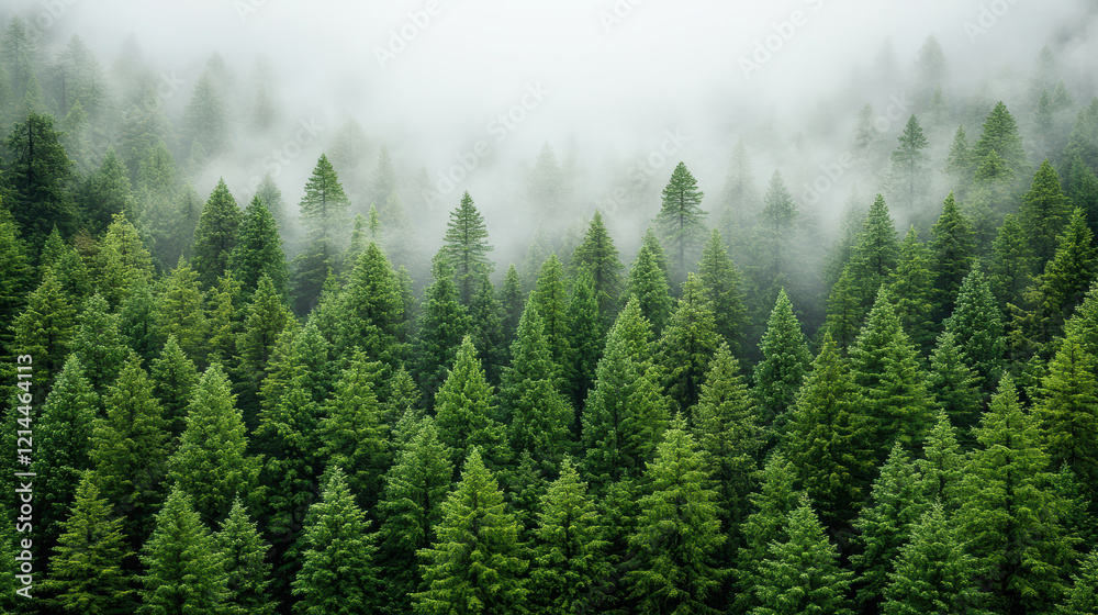 Fototapeta premium Lush green coniferous trees in foggy landscape create serene atmosphere
