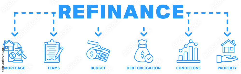 Refinance banner web icon vector illustration concept with icon of mortgage, terms, budget, debt obligation, conditions, property Refinance banner web icon vector illustration concept with icon of mortgage, terms, budget, debt obligation, conditions, property