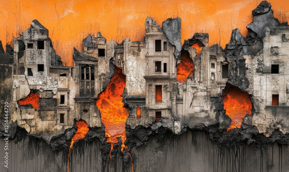 Naklejka premium Crumbling city structures with lava filled cracks create dramatic scene