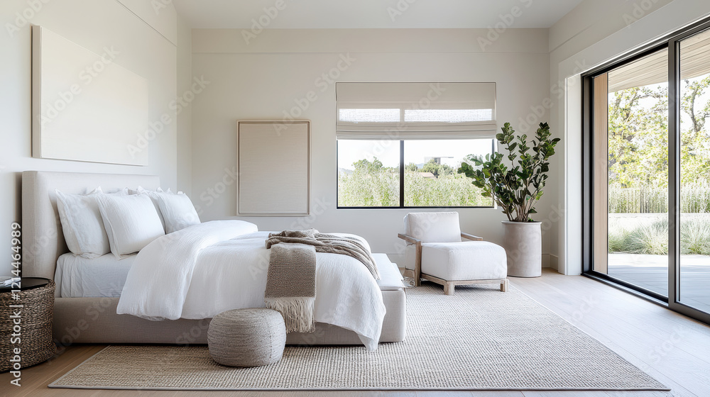 Fototapeta premium Serene bedroom with calming atmosphere, soft textures, and natural light