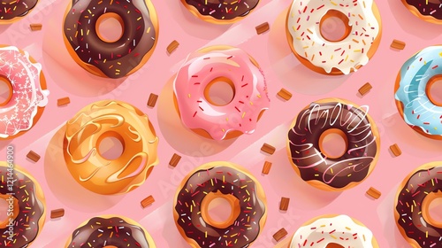 A seamless pattern of colorful donuts on a pink background. photo