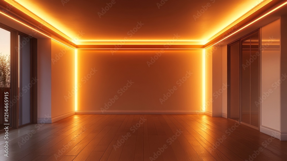A cozy empty room with warm-toned LED lighting recessed into a plasterboard ceiling, complemented by natural wooden floors. A cozy empty room with warm-toned LED lighting recessed into a plasterboard ceiling, complemented by natural wooden floors.