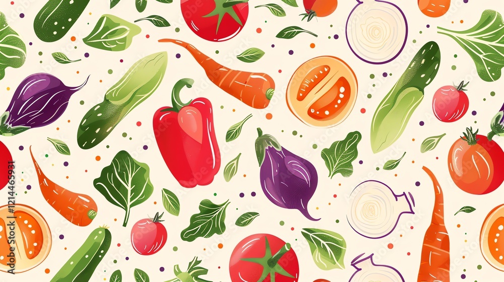 A seamless pattern of colorful vegetables and leaves on a beige background. A seamless pattern of colorful vegetables and leaves on a beige background.