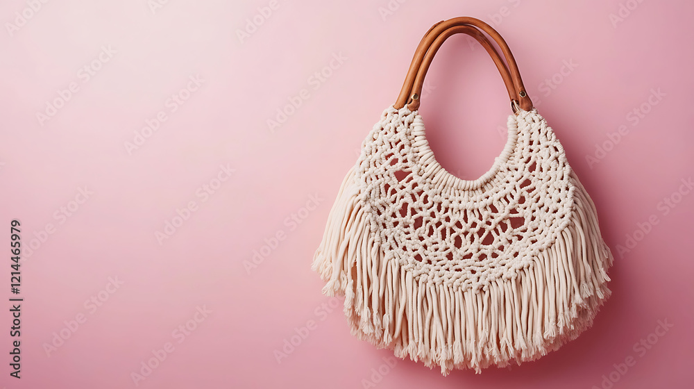 Boho style macram?(C) bag with wooden handles on a pink background Boho style macram?(C) bag with wooden handles on a pink background