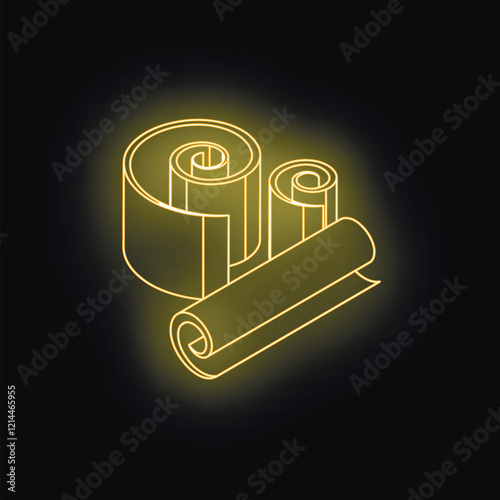 Three neon yellow wallpaper rolls glowing on a black background, representing home improvement and interior design