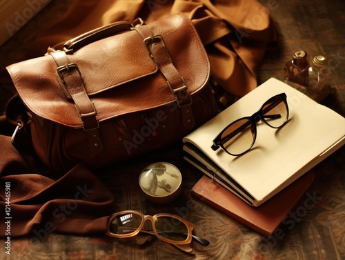 A vintage scene displaying clothing, a leather bag, stylish glasses, and inspiring books. An ensemble that comes complete with an array of stylish accessories photo