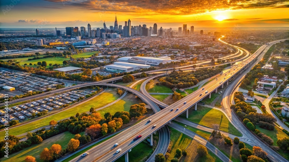 Obraz premium Melbourne M2 Freeway Aerial View - Elevated Highway Perspective, Australian Infrastructure
