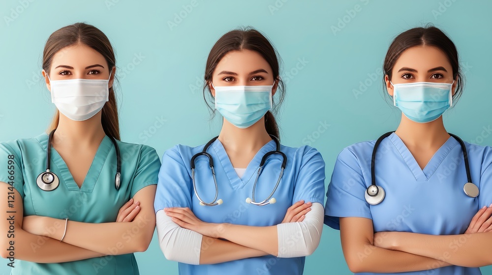Healthcare professionals in scrubs and masks ready to assist in a medical setting. Healthcare professionals in scrubs and masks ready to assist in a medical setting.