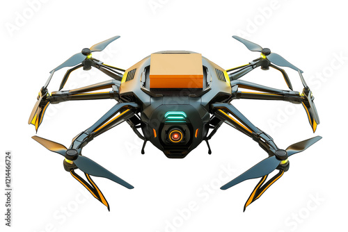 futuristic drone carrying small box isolated on transparent white background photo