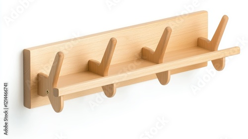 Furniture. Wooden wall rack with four hooks for hanging items, showcasing a minimalist design. photo