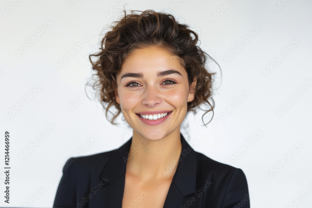 Her black attire, set against a white background, showcases a respectful and poised style ideal for formal settings. Her black attire, set against a white background, showcases a respectful and poised style ideal for formal settings.