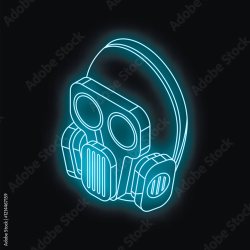 Neon gas mask glowing on dark background, conveying safety and preparedness for hazardous environments