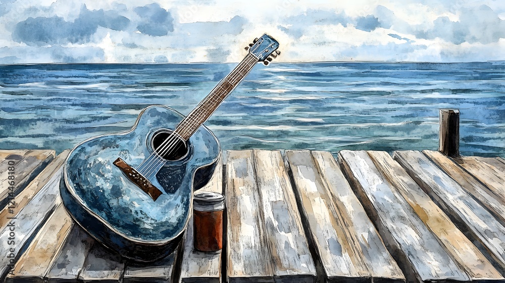 Blue Guitar on Wooden Dock by Ocean Watercolor Painting Blue Guitar on Wooden Dock by Ocean Watercolor Painting