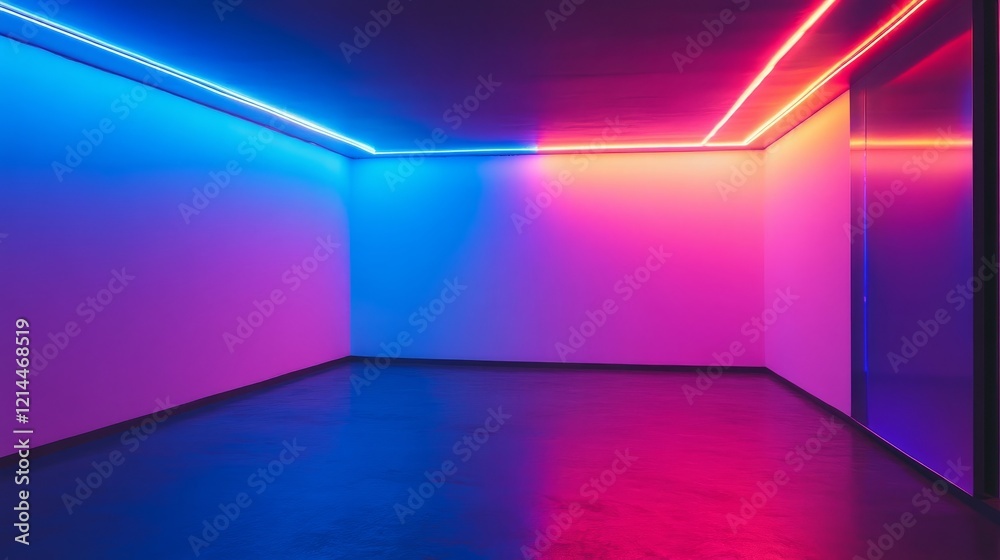 A futuristic design with RGB LED strip lighting running along the ceiling, filling the empty room with vibrant colors and a tech-inspired ambiance. A futuristic design with RGB LED strip lighting running along the ceiling, filling the empty room with vibrant colors and a tech-inspired ambiance.