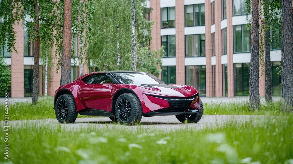 Red concept car parked outdoors, near modern building. Use Automotive advertising Red concept car parked outdoors, near modern building. Use Automotive advertising