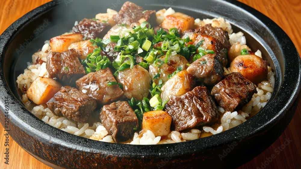 Enjoy a delicious stone pot meal filled with tender beef, crispy potatoes, and fresh herbs, prepared in a cozy restaurant atmosphere Enjoy a delicious stone pot meal filled with tender beef, crispy potatoes, and fresh herbs, prepared in a cozy restaurant atmosphere