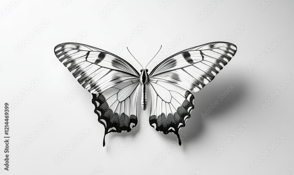 Forced perspective butterfly illusion in black and white with white background Forced perspective butterfly illusion in black and white with white background