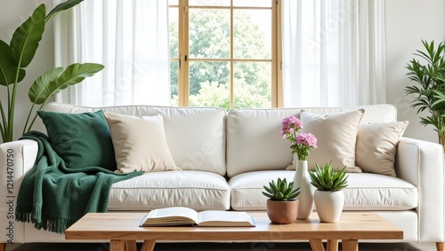 Luxurious white leather couch paired with a wooden coffee table; an inviting open book and vibrant green throw blanket complete the cozy, intimate scene photo