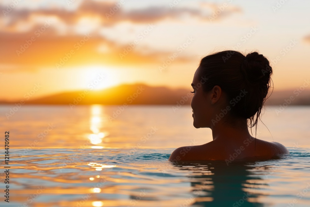 Fototapeta premium Tranquil Sunset View with Woman Silhouette in Calm Water Under Beautiful Orange Sky at Dusk