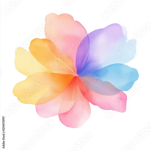 vibrant watercolor flower with overlapping petals in orange, pink, purple, and blue hues, creating harmonious blend