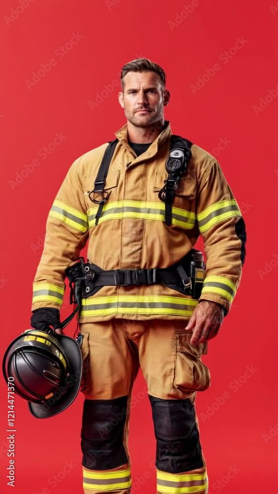 Heroic Firefighter in Full Gear Against Striking Red Background: A Symbol of Bravery and Service Heroic Firefighter in Full Gear Against Striking Red Background: A Symbol of Bravery and Service
