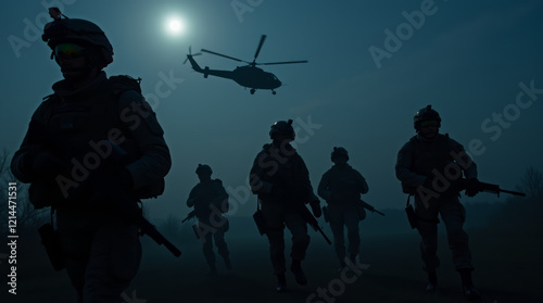 Soldiers in dark stealth uniforms with advanced night-vision gear infiltrating an enemy base under cover of darkness.