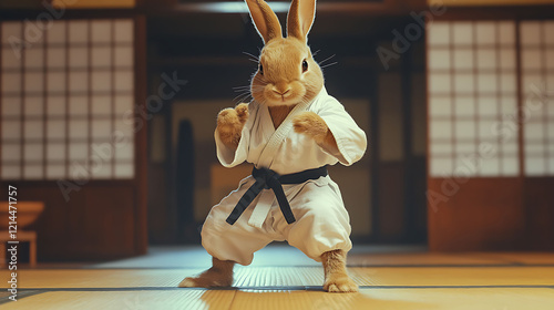 Bunny practicing martial in a dojo
