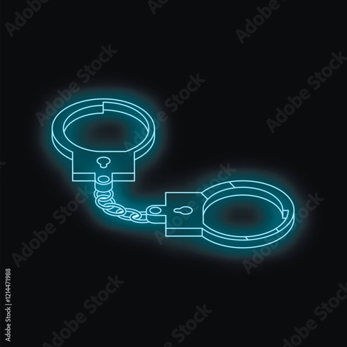 Neon blue handcuffs glowing on a dark background, representing concepts of law, justice, crime, and arrest