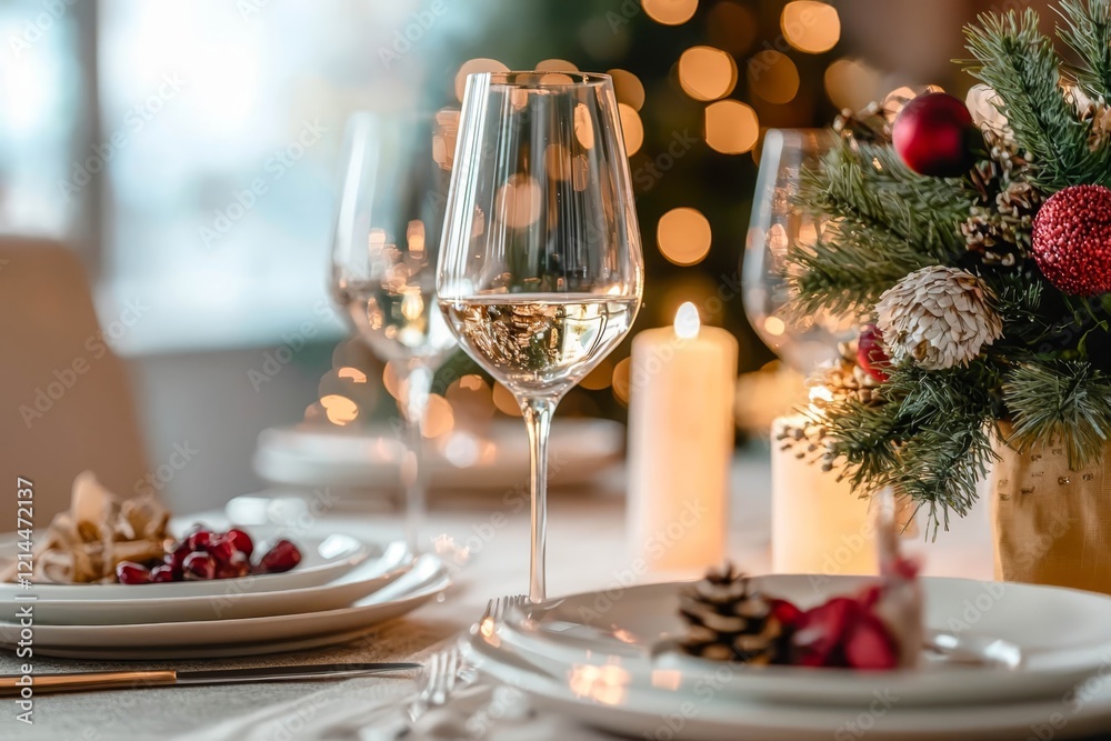Elegant dining table setup with wine glasses, plates, and a flower centerpiece. Elegant dining table setup with wine glasses, plates, and a flower centerpiece.