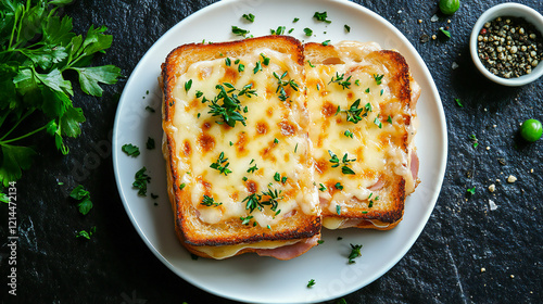 Top down view of a white plate with croque monsieur, French grilled ham and cheese sandwich with béchamel sauce, on a black textured background