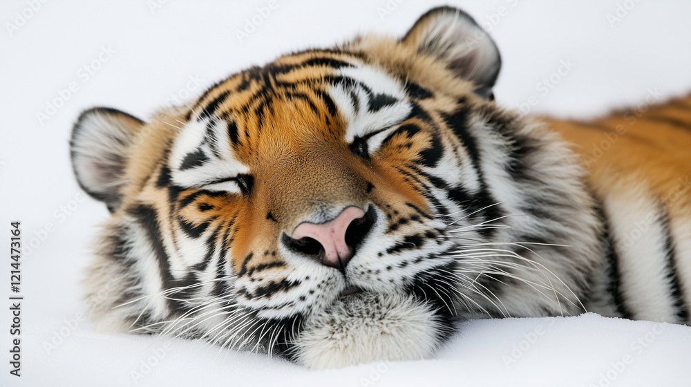 Close-up portrait of an Amur tiger lying on a plain white background. Close-up portrait of an Amur tiger lying on a plain white background.