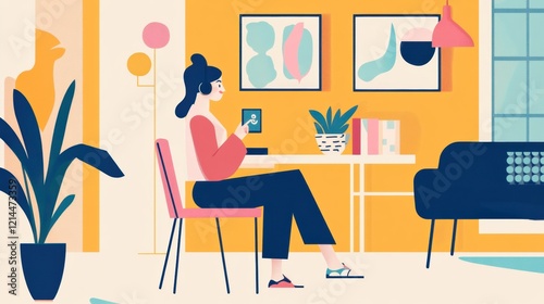 A businesswoman conducting a video call in a minimalist coworking space