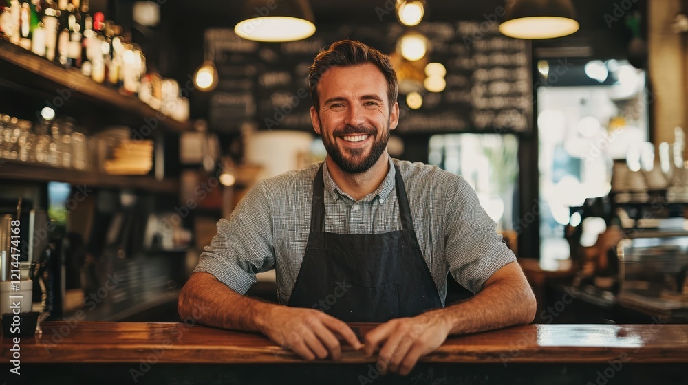 Obraz premium A proud restaurant owner standing behind the counter, smiling at the camera.
