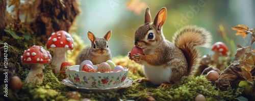 Whimsical woodland Easter tea party with bunnies, squirrels, and decorated eggs nestled among moss and toadstools photo