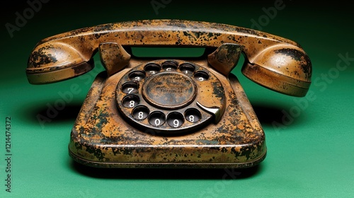 Weathered Antique Rotary Telephone on Green Surface Evoking Nostalgia and Bygone Eras