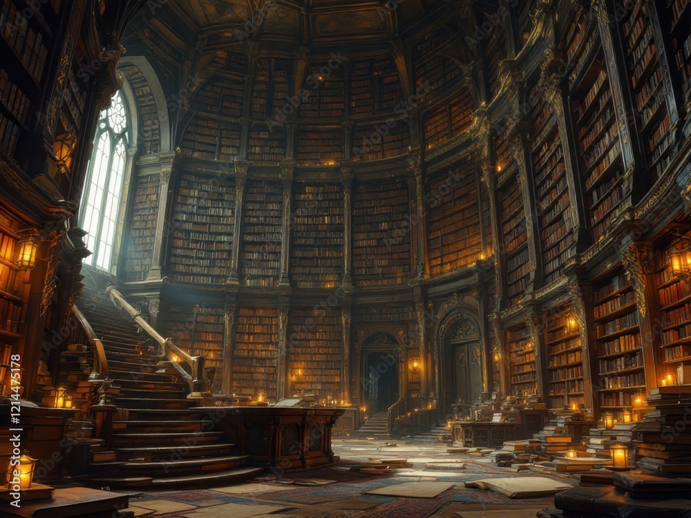 Obraz premium Majestic Ancient Library with Grand Staircase and Candlelit Ambiance