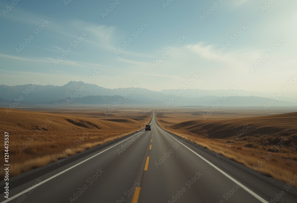 Endless Road to the Horizon with Telephone Poles and Majestic Mountains in the Background under a Cloudy Sky Endless Road to the Horizon with Telephone Poles and Majestic Mountains in the Background under a Cloudy Sky