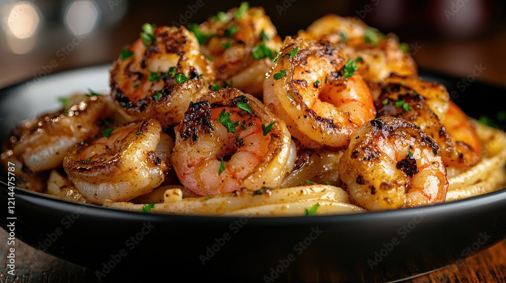 Grilled shrimp pasta dish, close-up view, wooden table background, food photography for restaurant menu Grilled shrimp pasta dish, close-up view, wooden table background, food photography for restaurant menu