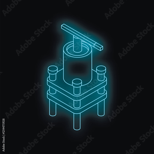 Neon blue isometric fruit press shining on a dark background, blending traditional tools with modern aesthetics