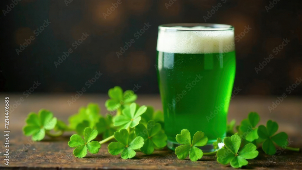 Glass pint of green beer surrounded by small clovers on a wooden table. Glass pint of green beer surrounded by small clovers on a wooden table.