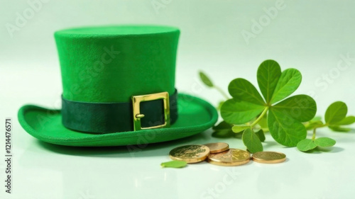 Clover, green coins, and Leprechaun hat placed on a white surface.