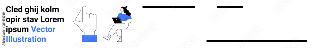 Hand pointing gesture, woman sitting with laptop in blue and white colors, abstract text elements. Ideal for websites, user interfaces, business presentations, online learning, digital marketing