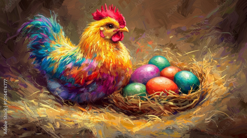 Fototapeta premium Vibrant Colorful Hen with Easter Eggs in Nest Artistic Painting Springtime