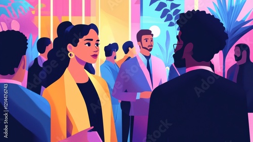 A businesswoman networking with diverse professionals at an international trade fair