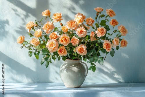 Wallpaper Mural Large arrangement of orange roses in a ceramic vase with sunlight creating playful shadows on a blue wall Torontodigital.ca