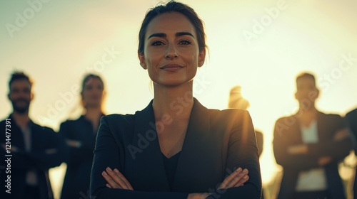 A proud woman standing in front of her team, showcasing leadership and strength.