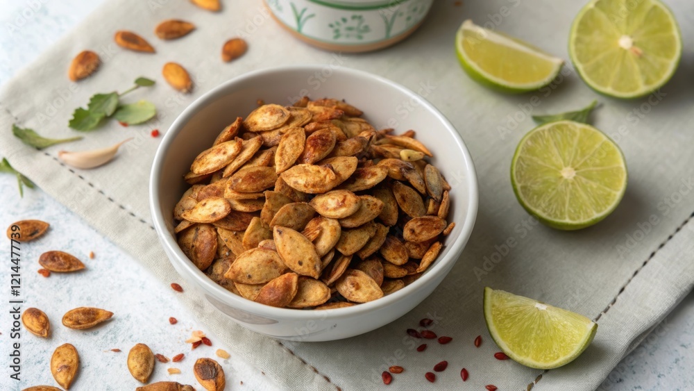 Fototapeta premium A detailed overhead view of a slender elegant bowl filled with ed pumpkin seeds adorned with traces of paprika and garlic. The surrounding area is tered with fresh lime