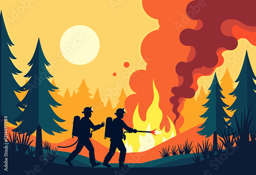 Two Firefighters Fighting Wildfire: Flat Illustration, High Detail, Vibrant Colors, Simple Design, Forest Fire Rescue, Heroic Scene, Emergency Art.

