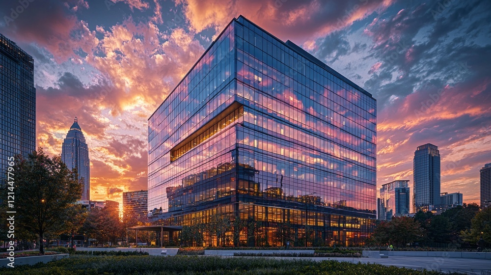 Obraz premium A striking glass office building captures the breathtaking hues of sunset, creating a stunning visual contrast against the lively city skyline during twilight hours